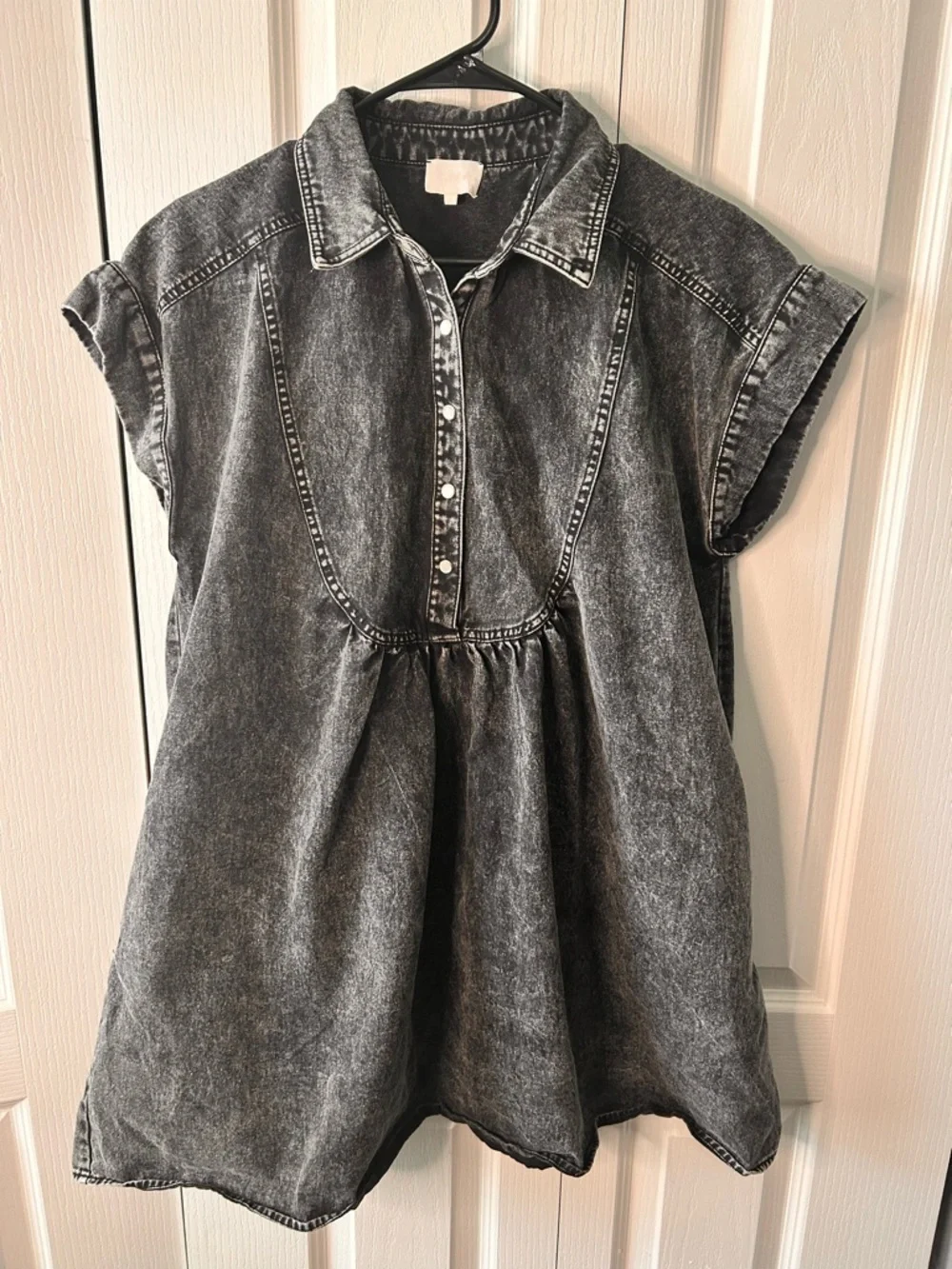 Entro Women’s Washed Black Short Sleeve Collared Button Denim Shirt Dress Size L - Picture 2 of 9